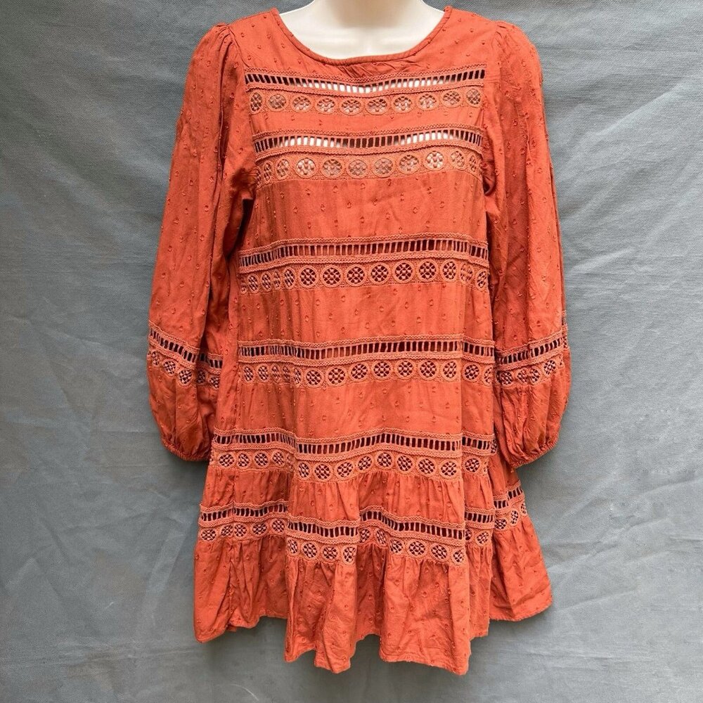 Anthropologie Burnt Orange Lace Swiss Dot Tiered Puff-Sleeve Mini Dress Sz XSP
